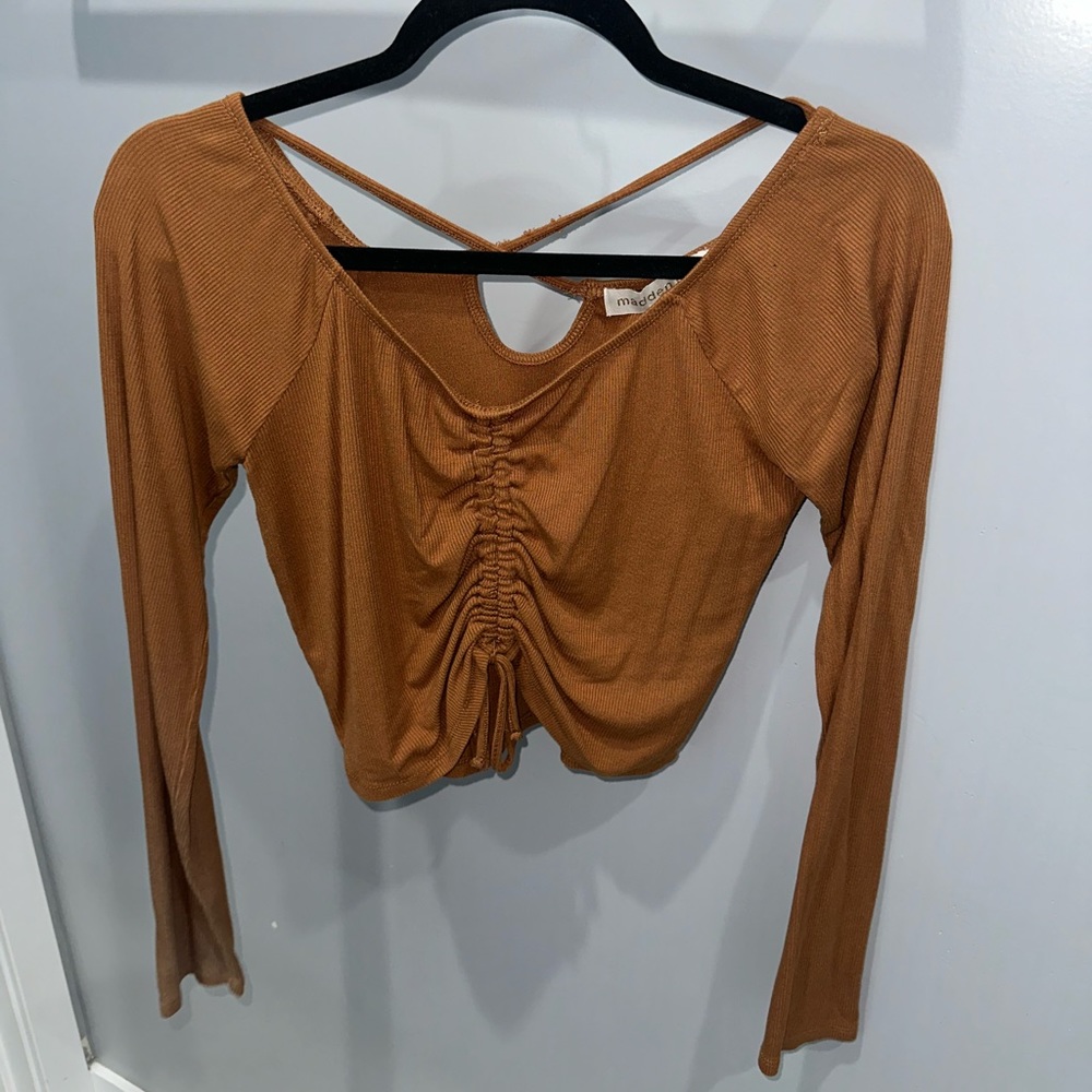 Brown Long Sleeve Cropped Blouse